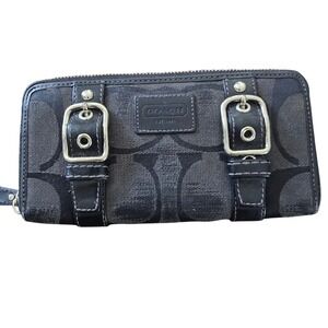 Y2k Coach Signature Jacquard Zip Around Wallet Black Buckle Detail Accordion